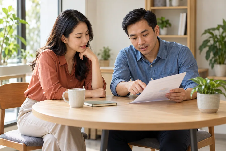 Hai đồng nghiệp cùng xem bản báo cáo in trên bàn.