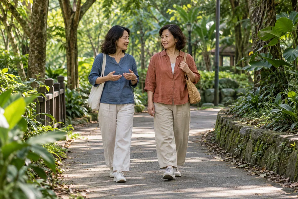 Two friends walking together along a shaded path.