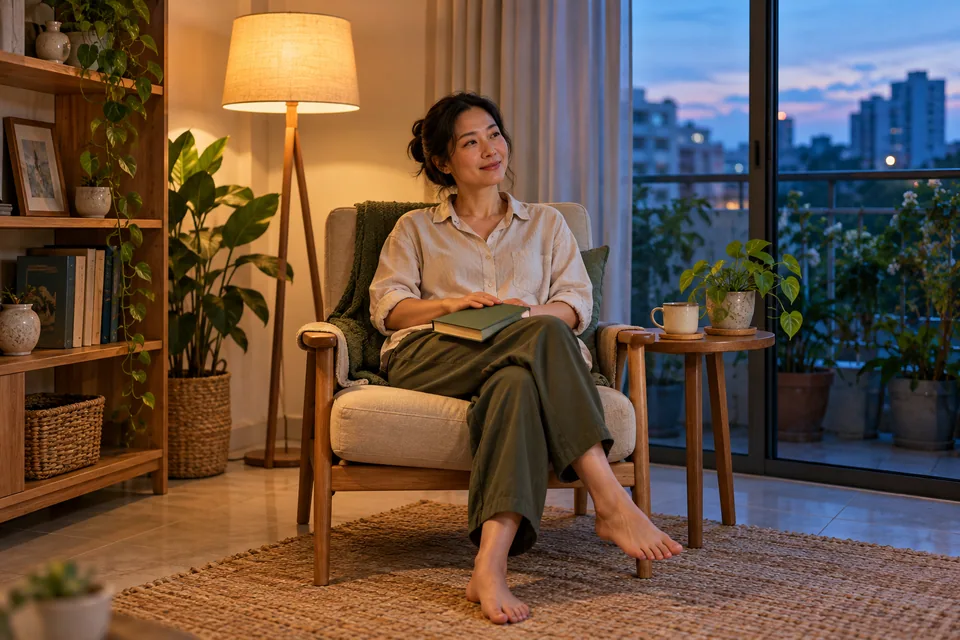 Một người nghỉ trên ghế bành, đặt cuốn sách đóng trên đùi dưới ánh đèn.