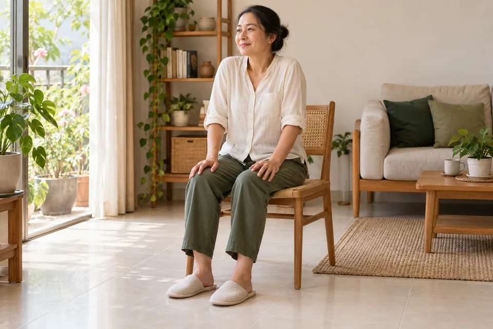 Một phụ nữ ngồi trên ghế, hơi nhấc vai và đặt tay lên đùi.