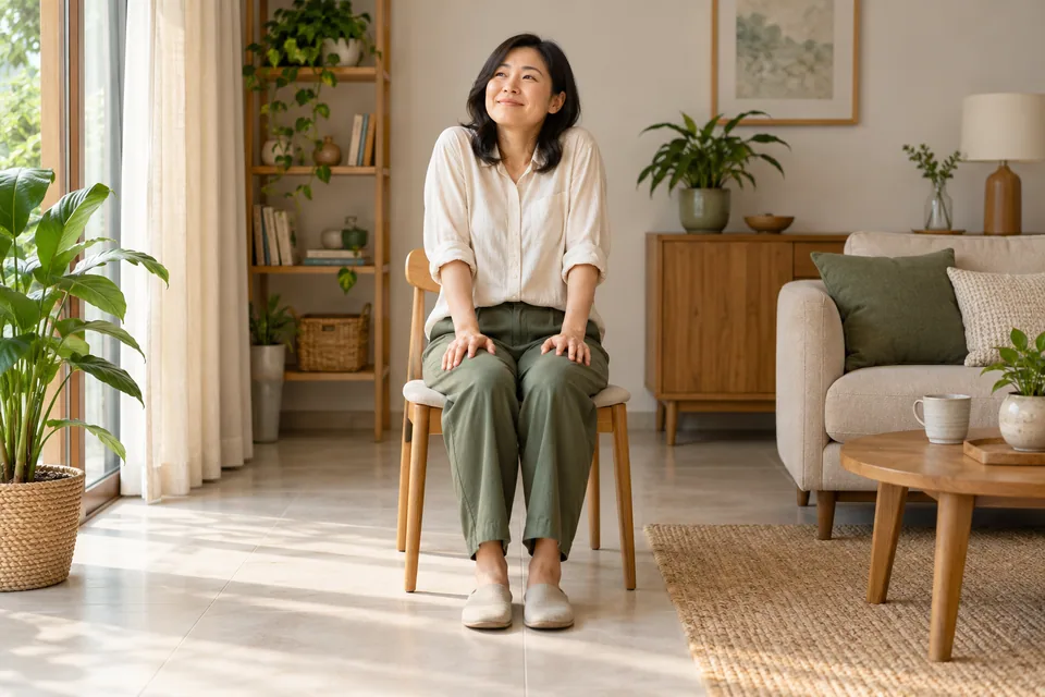A seated person taking a gentle shoulder stretch.