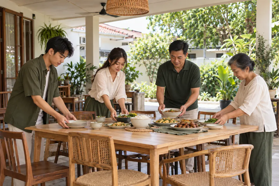 ผู้ใหญ่สี่คนวางจานอาหารบนโต๊ะยาวในพื้นที่เปิดโล่งที่มีหลังคาคลุม