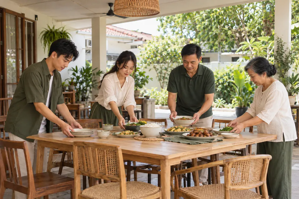 Bốn người lớn đặt các đĩa thức ăn lên bàn dài trong không gian thoáng có mái che.