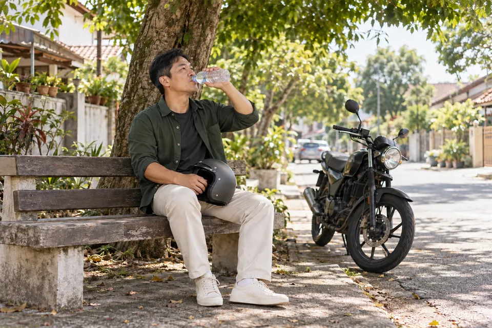 Một người đàn ông ngồi uống nước trên ghế dài, đặt mũ bảo hiểm trên đùi, cạnh một chiếc xe máy.