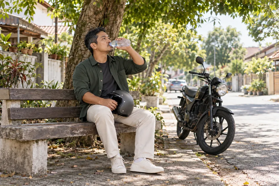 Seorang lelaki minum air di bangku dengan topi keledar di ribanya dan motosikal berhampiran.
