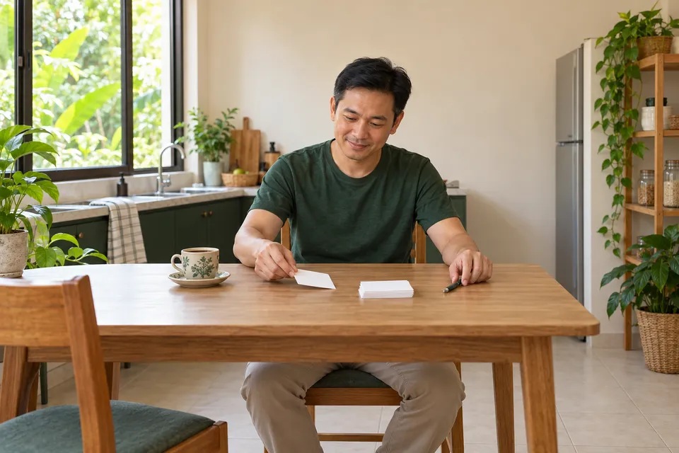 一名男子在厨房桌旁从一小叠空白卡片中移出一张，旁边放着笔和咖啡。