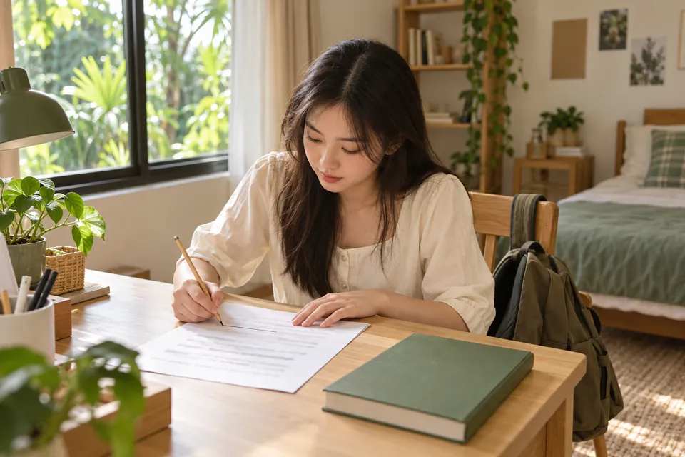 A young woman underlines blurred notes on a sheet at a desk beside a closed book and backpack.