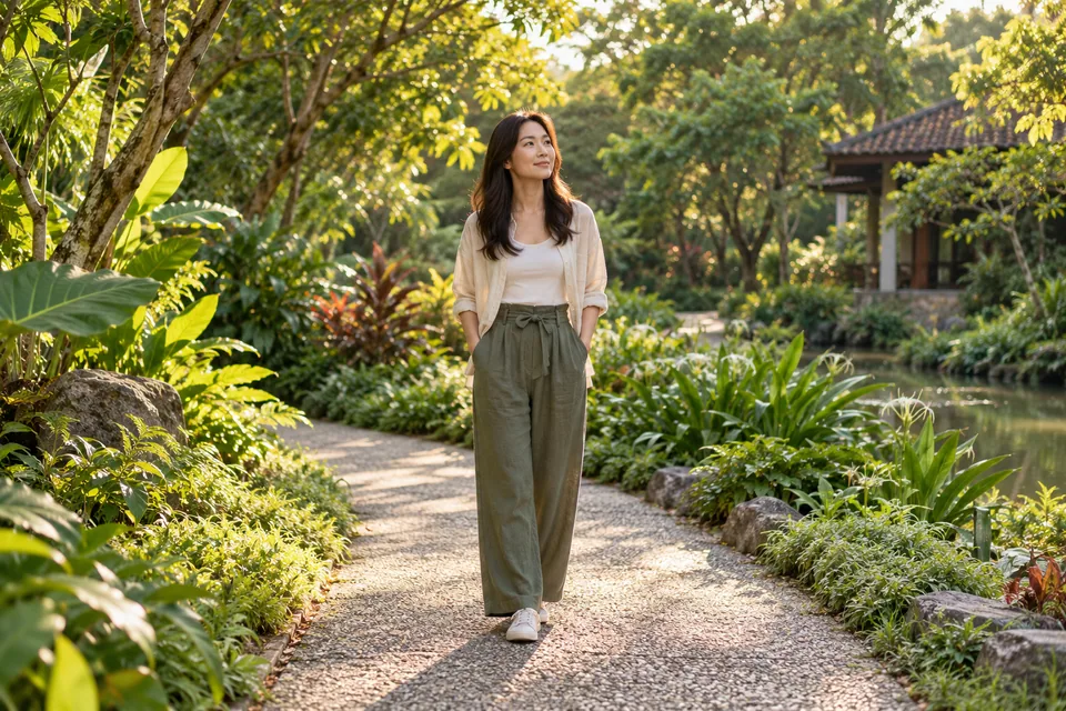 一个人在安静的花园小径上稍作停留。