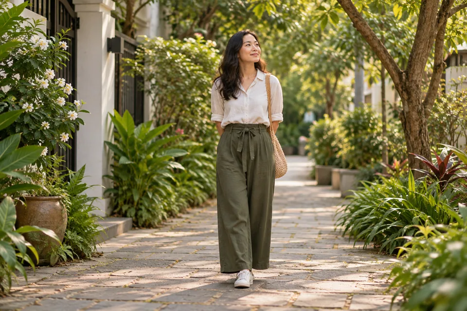 Một người dừng lại trên lối đi rợp bóng cây trong vườn.