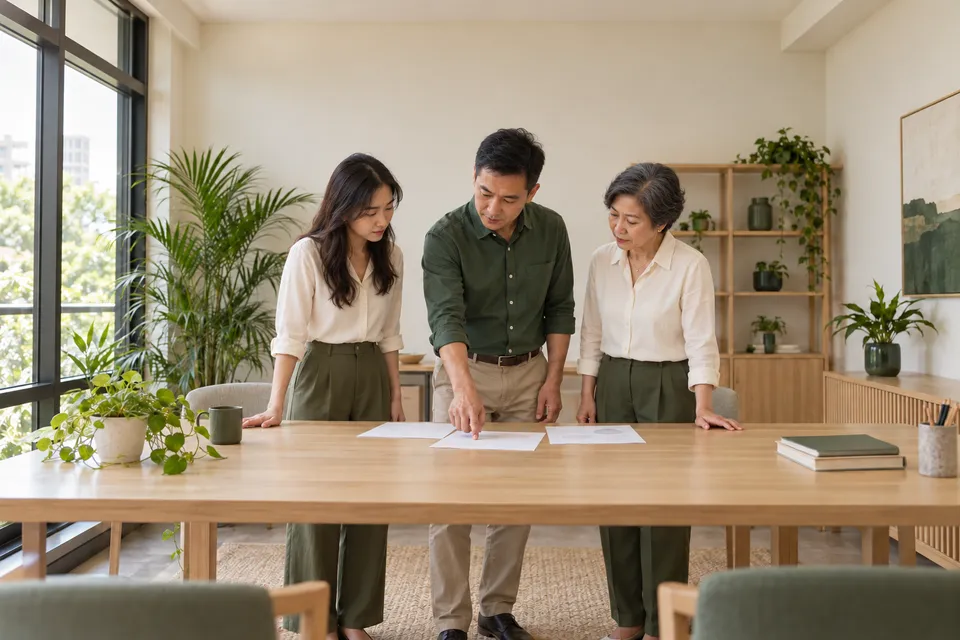 Ba người lớn cùng xem giấy tờ tại bàn trong văn phòng.